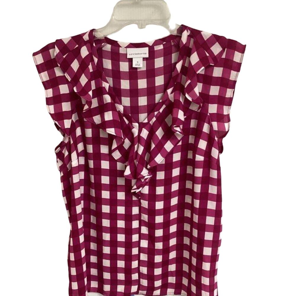 NWT Liz Claiborne Gingham Plaid Ruffle Top - Size Small - Lollipop Red/Pink